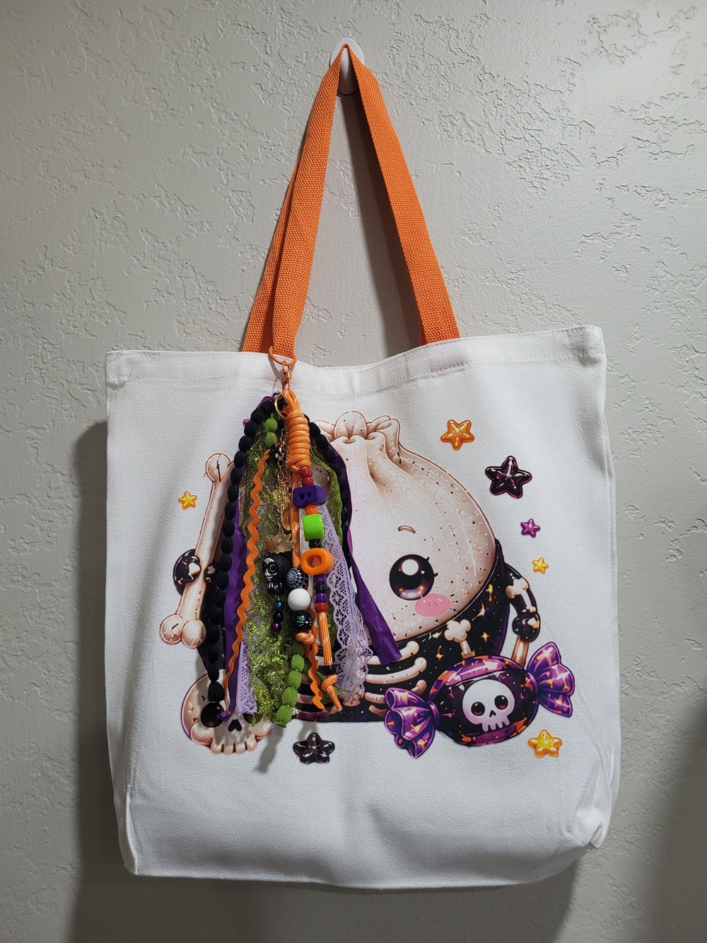 Handmade Halloween Canvas Tote Bag with a Colorful Halloween Charm